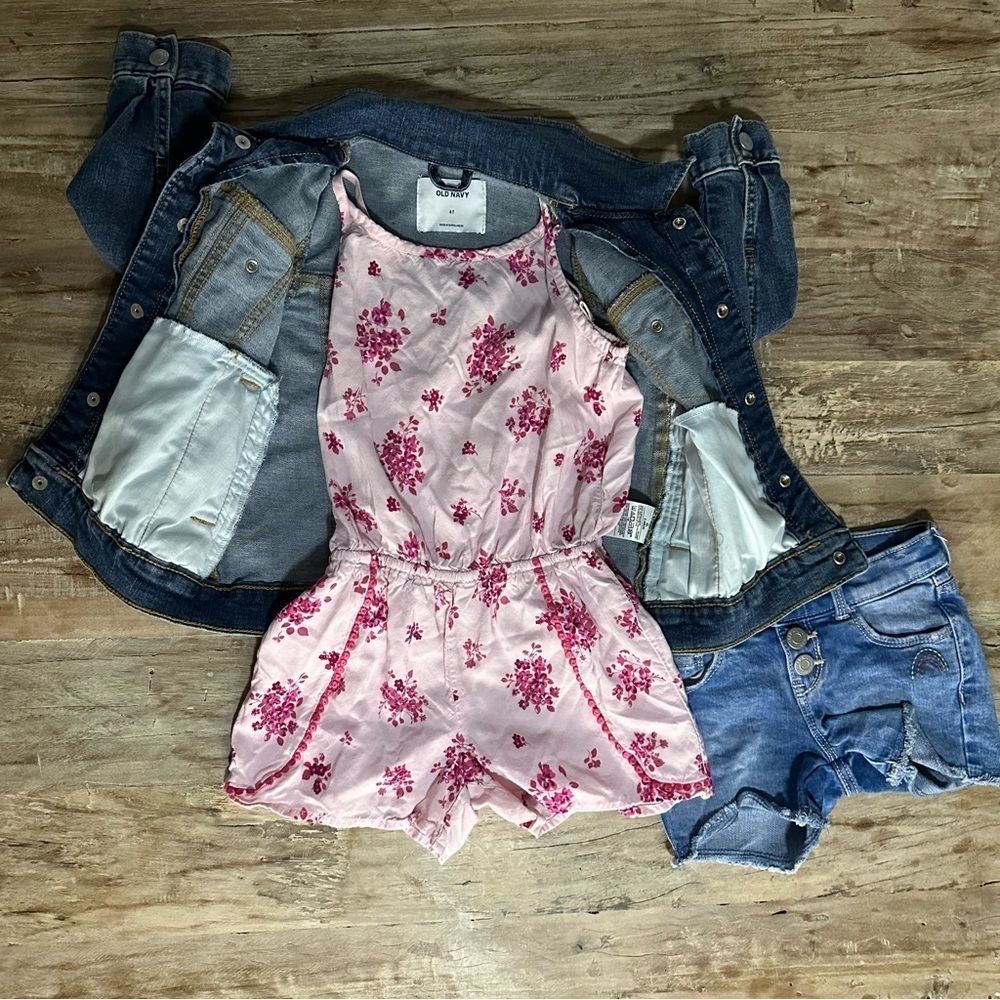 Old Navy & Children’s Place Denim Jacket Romper And Shorts SZ 4T/6 GUC 3 Piece - Picture 2 of 6